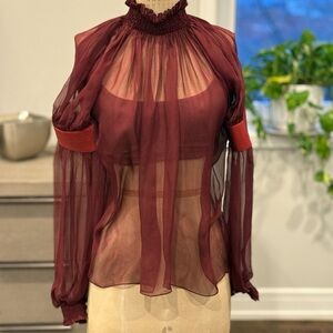 Tom Ford Burgundy Sheer Mock Neck Long Sleeve Blouse XS Blouse
